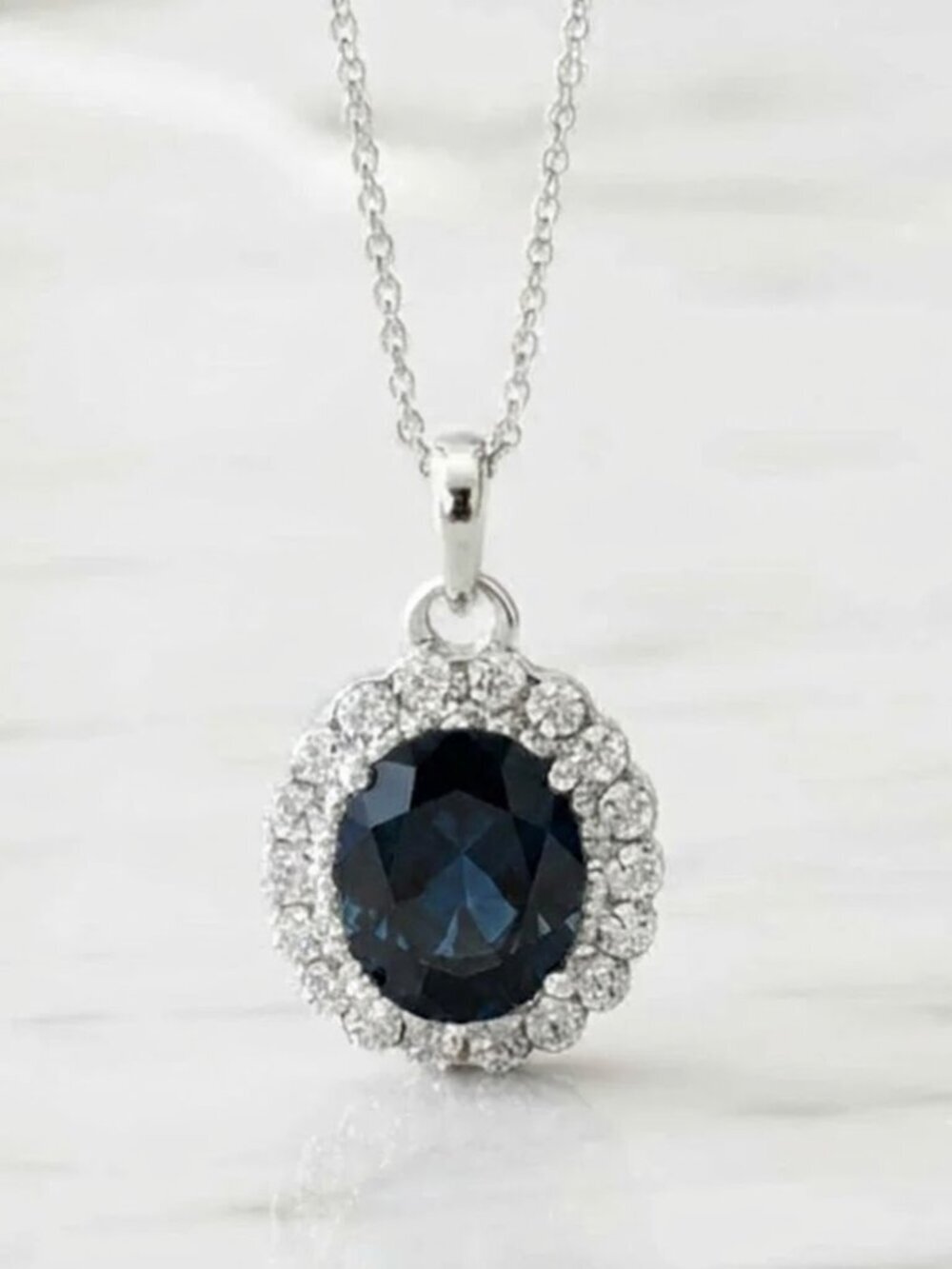 Blue Pendant Necklace - Ladies Silver Blue Oval Necklace